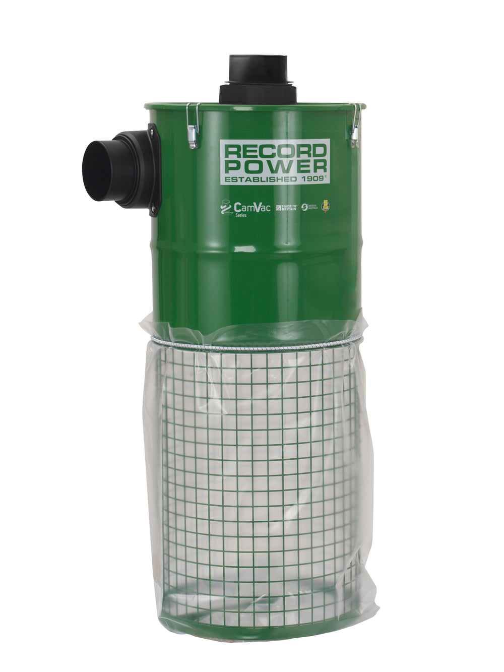 Separatore ciclonico Record Power Defender Interceptor montato a parete con sacco trasparente, ideale per migliorare l’efficienza dei sistemi di aspirazione da 100 mm.