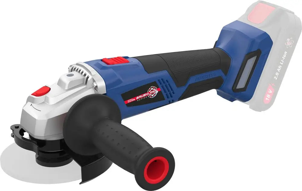 Smerigliatrice angolare a batteria Guede WS 18-0 BL con motore Brushless, disco da 125 mm e impugnatura a 3 posizioni, ideale per tagli e levigature precise.