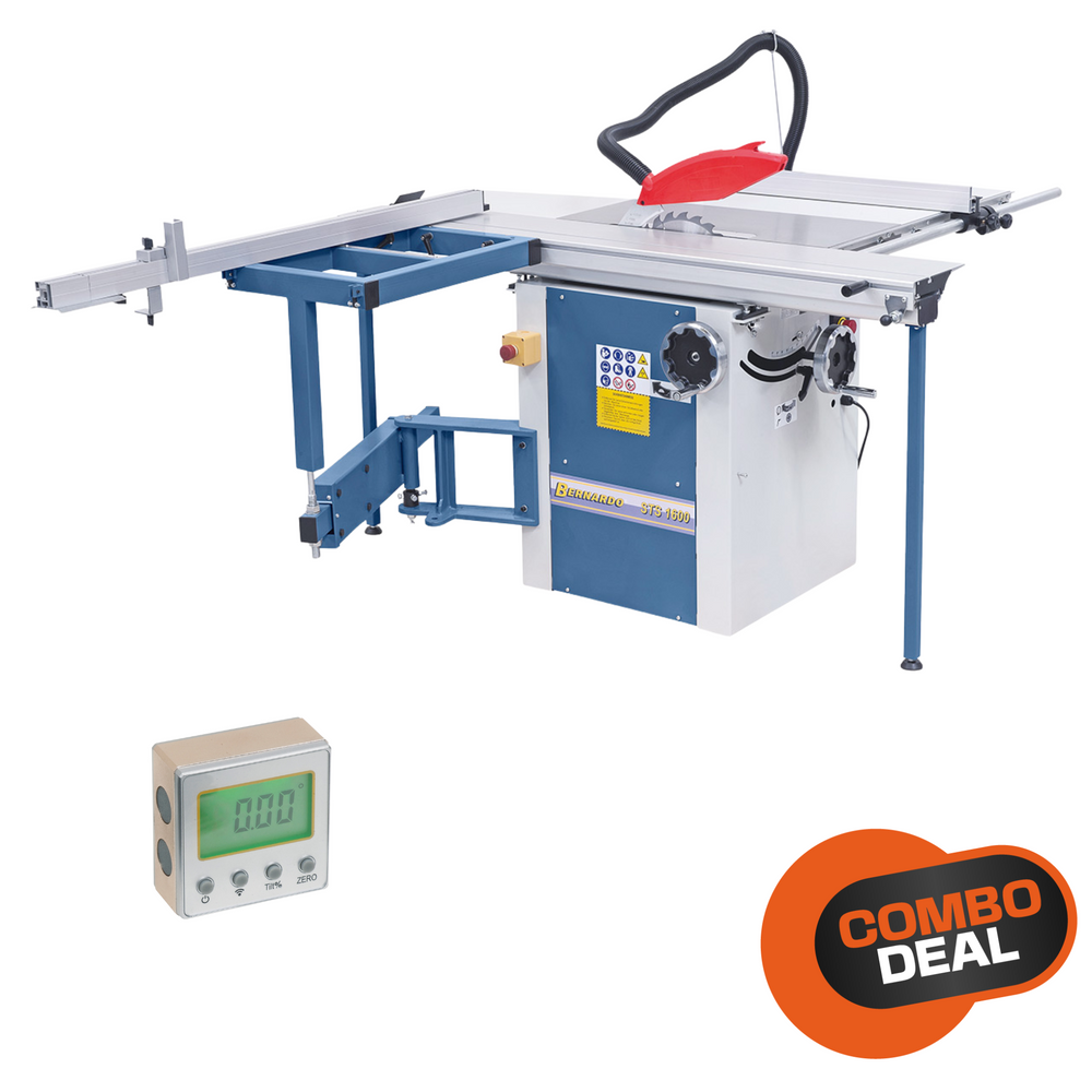 Vista laterale della sega circolare STS 1600 con carro scorrevole, tavolo in ghisa, guida parallela e accessori per il taglio preciso di pannelli in legno di grandi dimensioni