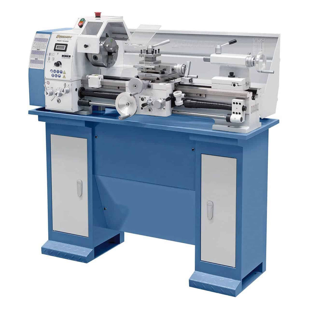 Tornio Bernardo Profi 700 BQV Vario / 230 V con passaggio barra Ø 38 mm, velocità variabile elettronica e accessori inclusi.