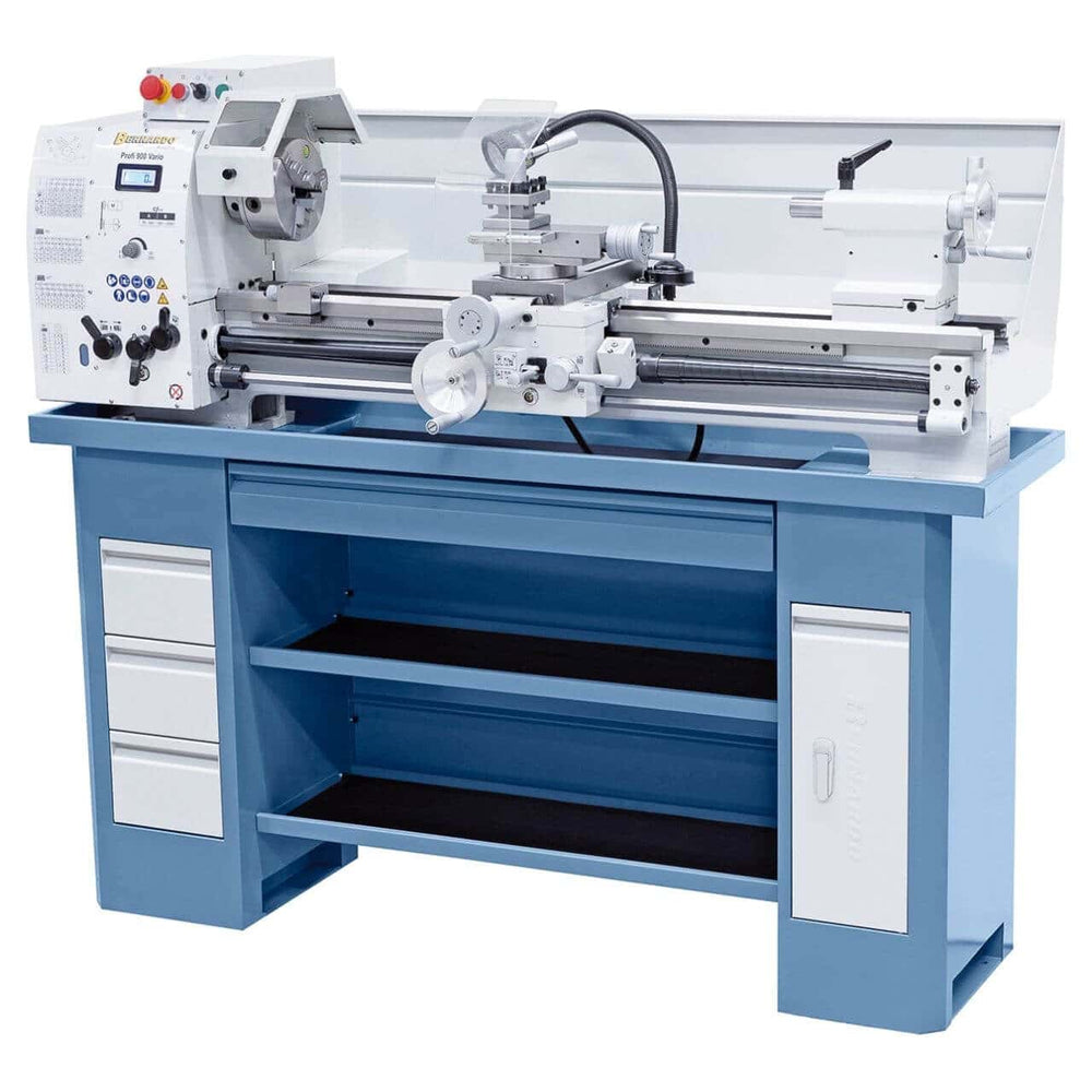 Tornio Bernardo Profi 900 Vario 400V, distanza punte 900 mm, Ø banco 320 mm, variatore elettronico e mandrino Ø 160 mm.