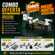 Tornio da banco Record Power Pathfinder con motore brushless, regolazione elettronica 250–3.200 rpm, altezza centri 152 mm, distanza tra le punte 406 mm. Set combo con prolunga letto in ghisa +600 mm (762 mm totali), mandrino, contropunta MK2 e trascinatore MK2 inclusi.