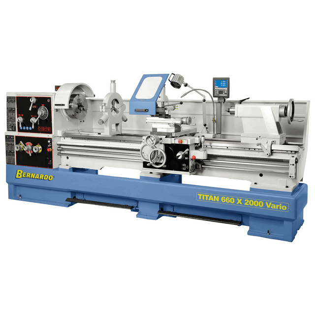 Tornio Bernardo TITAN 660 x 1500 Vario con distanza tra le punte 1500 mm, foro mandrino 105 mm e motore 7,5 kW, completo di mandrino 315 mm e visualizzatore digitale.