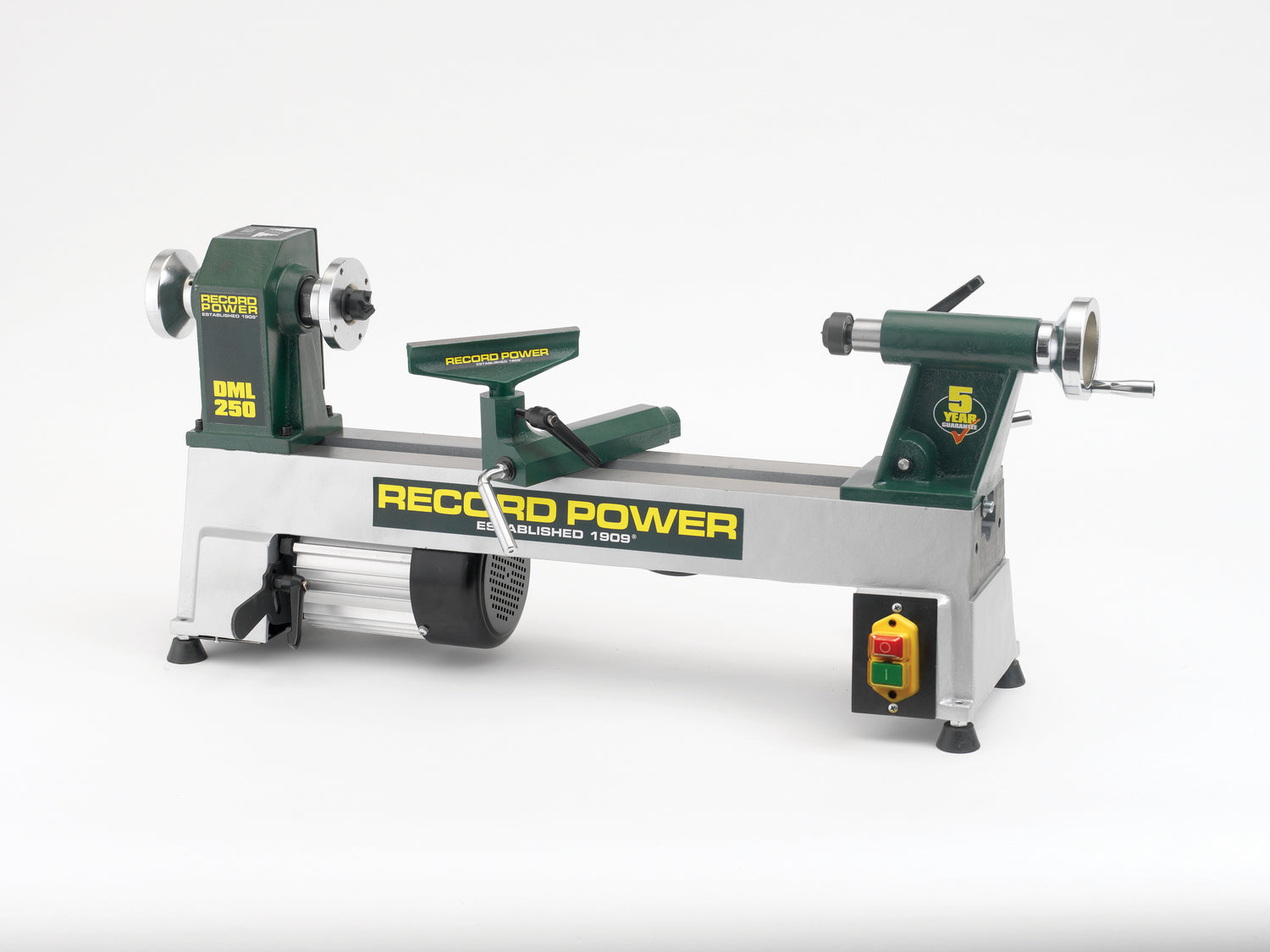 Tornio per legno Record Power DML250 con struttura in ghisa, 5 velocità e capacità di tornitura fino a 254 mm, ideale per hobbisti e piccoli laboratori.