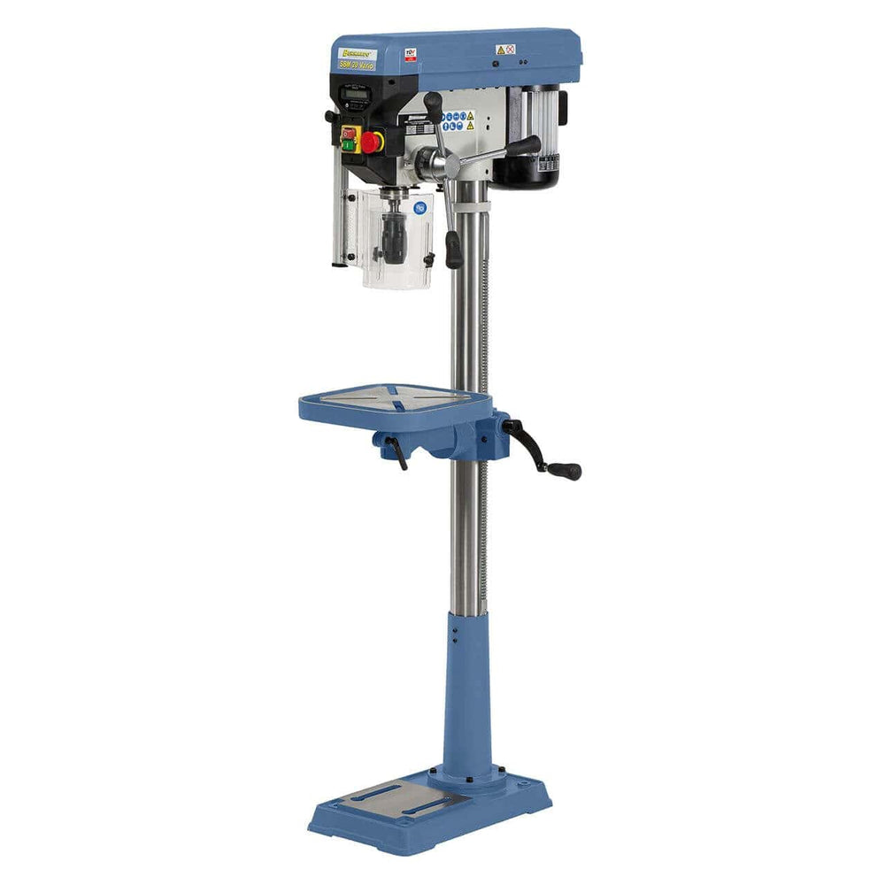 Trapano a colonna SBM 20 Vario con motore 230 V, display digitale, tavola inclinabile e laser incrociato per precisione ottimale.