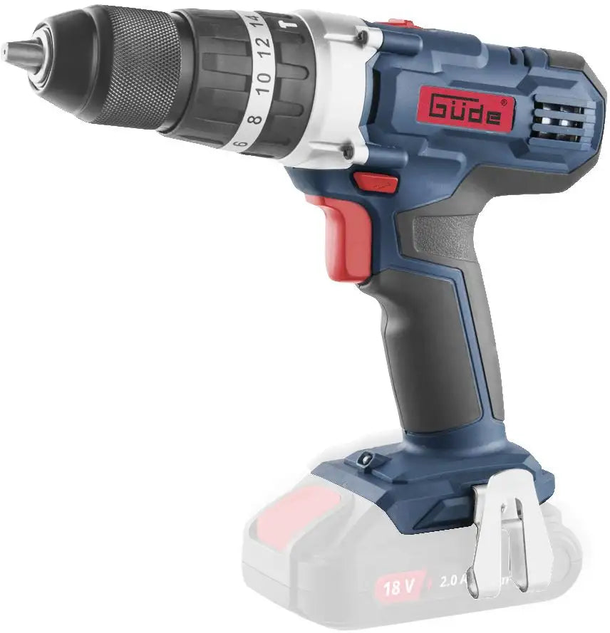 Trapano avvitatore Guede BSB 18-0 con mandrino in metallo, doppia velocità e funzione percussione per lavori di foratura e avvitatura.