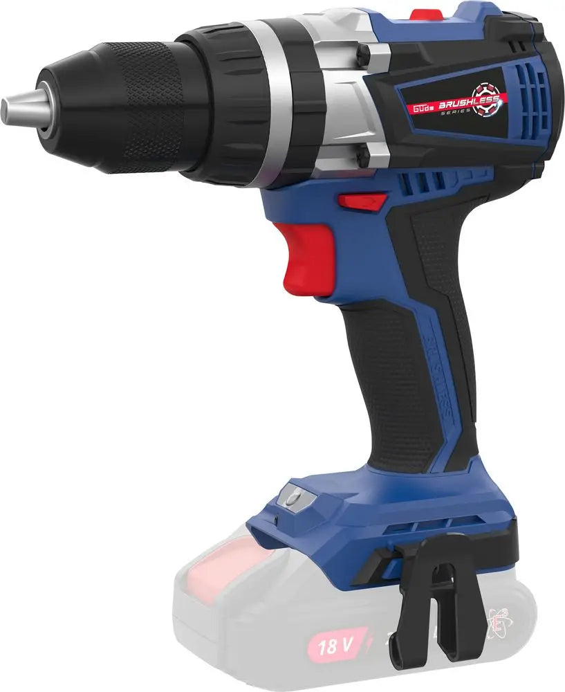 Trapano avvitatore Guede BSB 18-0 BL con motore brushless, mandrino in metallo da 13 mm e funzione a percussione per forare e avvitare con potenza.