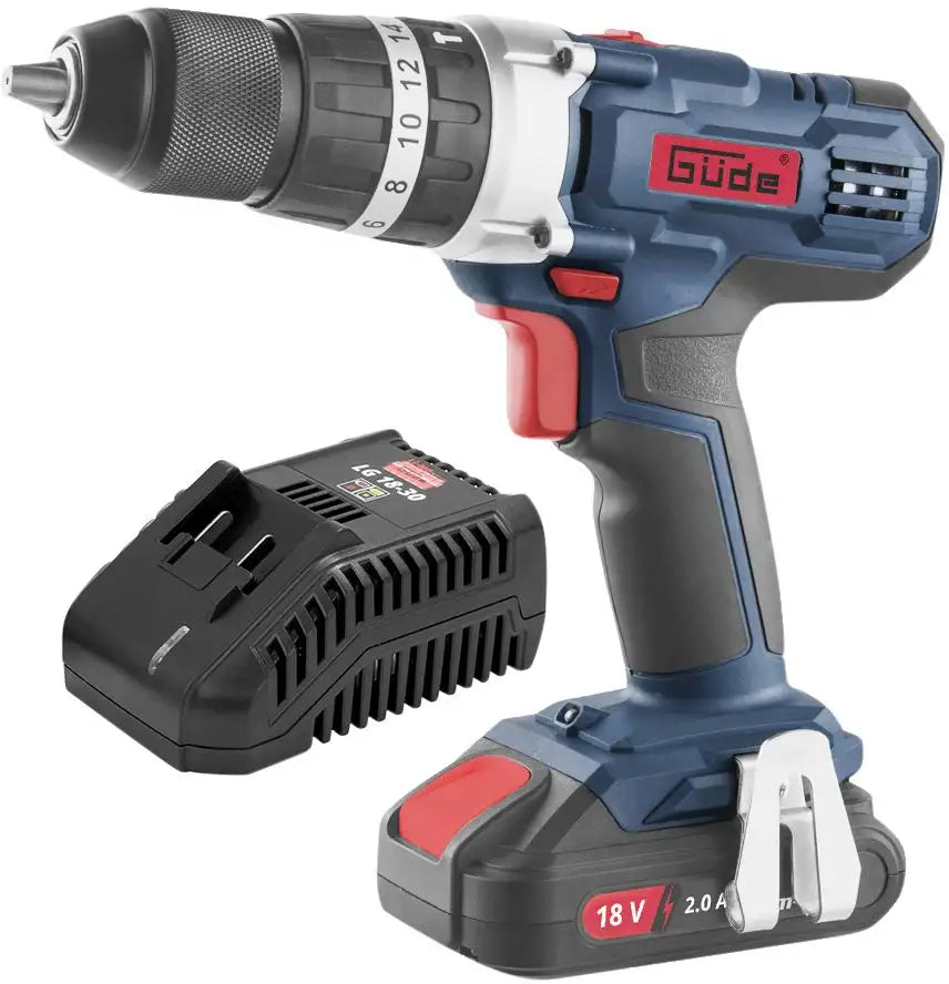 Trapano avvitatore Guede BSB 18-201-30K 18V con funzione percussione, batteria 2Ah, caricabatterie rapido 3A e set da 13 accessori in valigetta rigida.