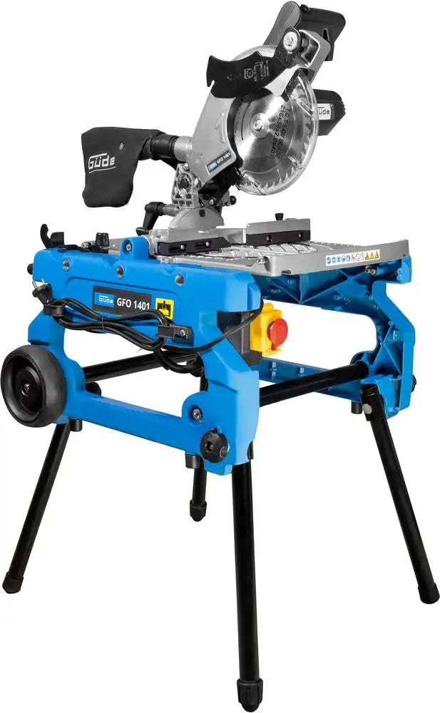 Güde GFO 1401 – Troncatrice radiale multifunzione da 1400 W con piano ribaltabile, lama HM Ø 216 mm, guida angolare e sacca raccoglipolvere, ideale per tagli precisi e mobilità totale.
