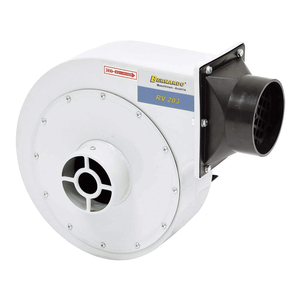 Ventilatore centrifugo Bernardo RV 203 da 870 m³/h con girante radiale bilanciata, corpo in acciaio verniciato a polvere e staffa per montaggio a parete o soffitto.