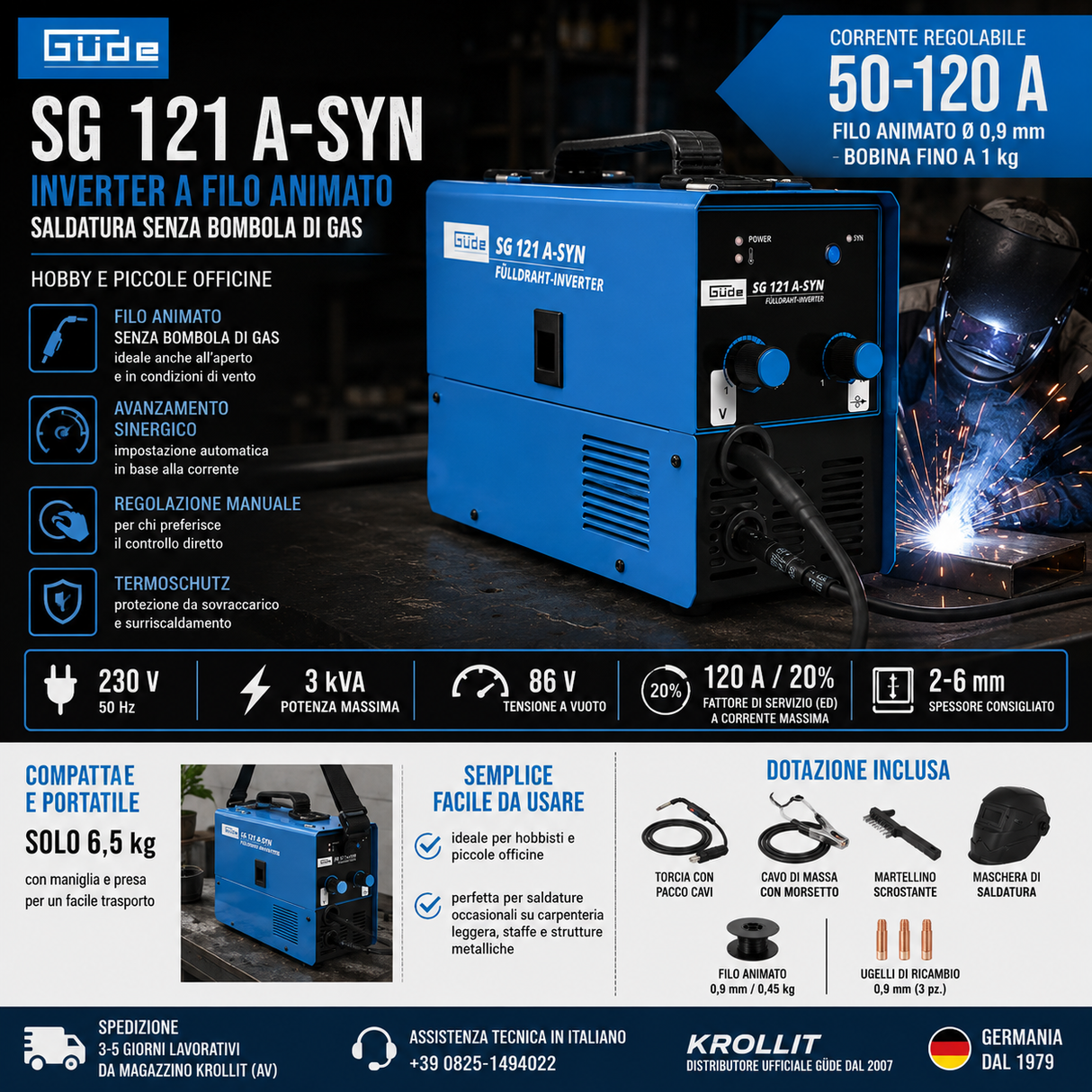 Saldatrice inverter Güde SG 121 A-SYN per saldatura a filo animato senza gas