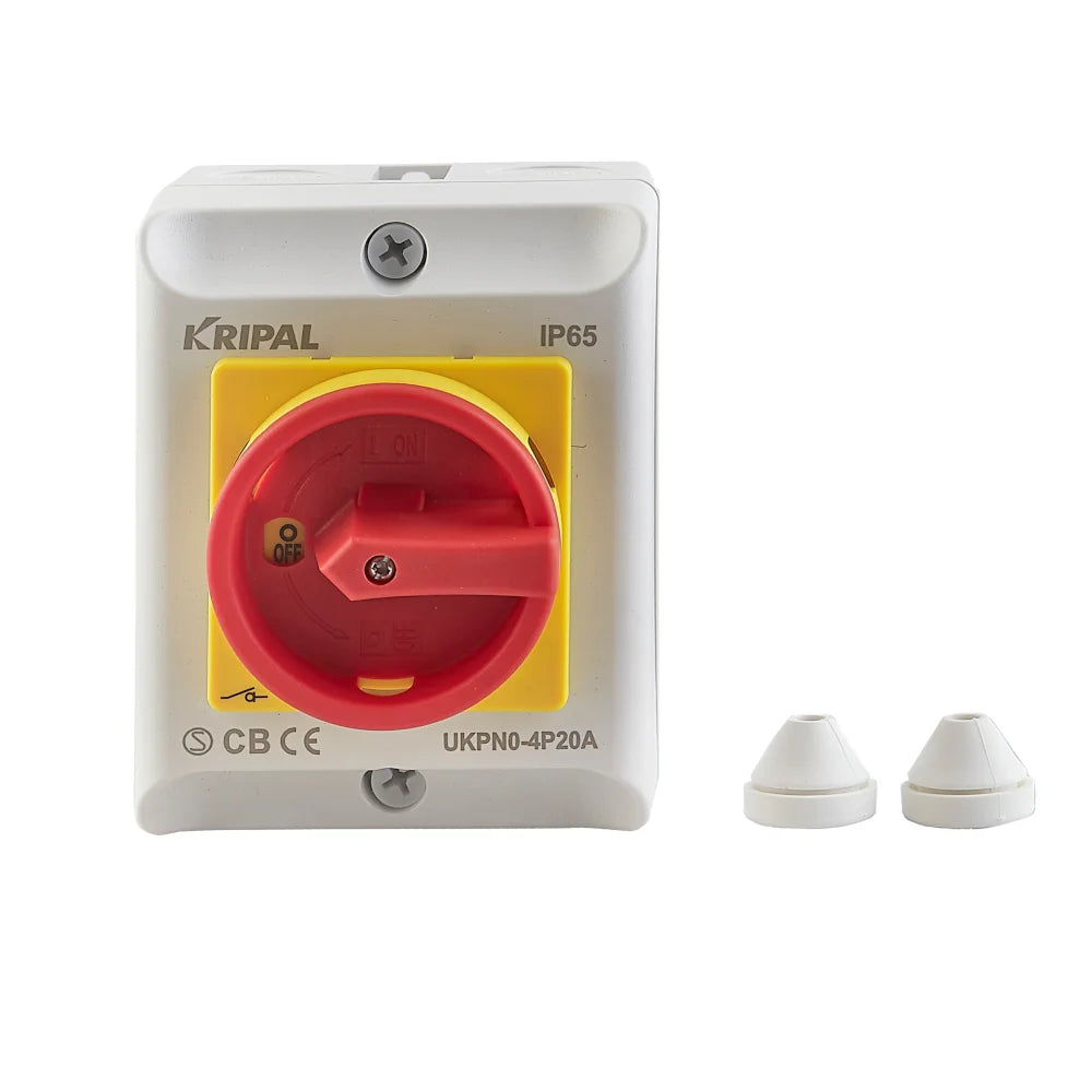 Vista dell’interruttore rotativo MS 230V da esterno con involucro plastico IP65, ideale per isolamento elettrico in ambienti industriali