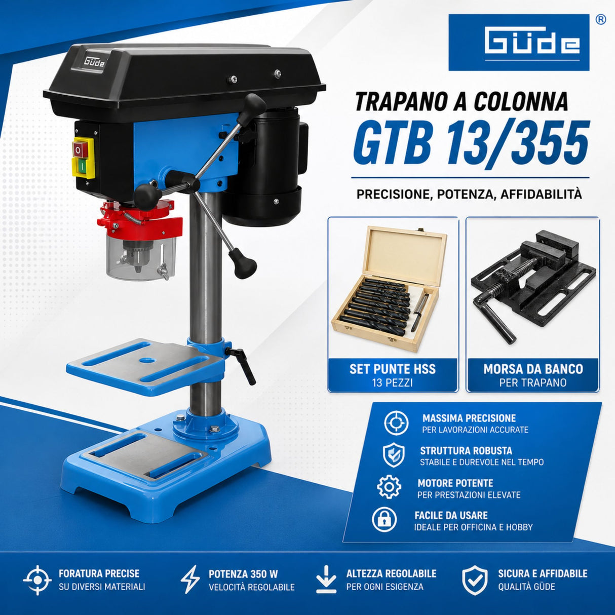 Trapano a colonna da banco Güde GTB 13/355 con morsa di serraggio e set di punte HSS, motore 350 W, mandrino autoserrante 1,5–13 mm
