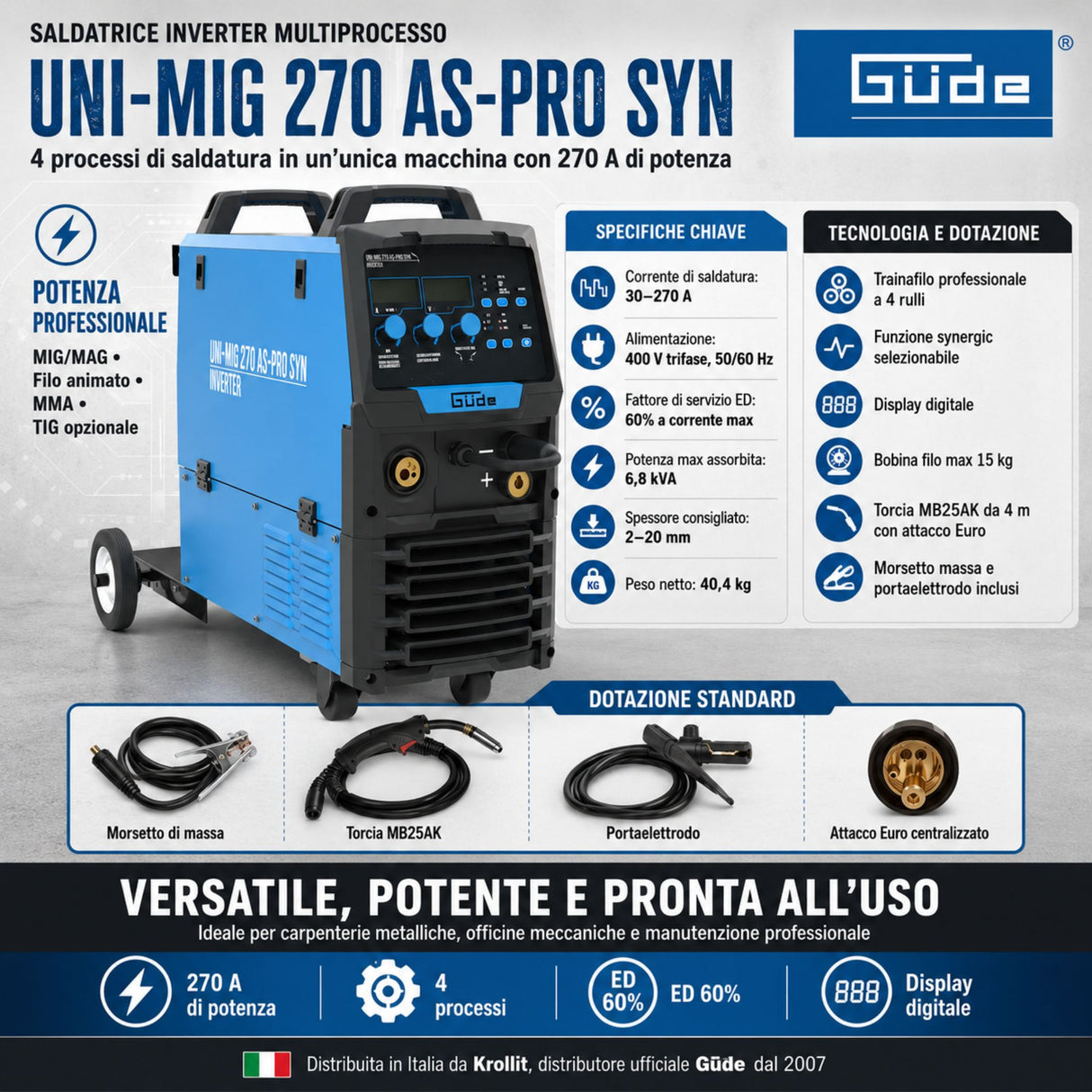 Saldatrice inverter Güde Uni-Mig 270 AS-Pro SYN 400V trifase con display digitale e traino filo a 4 rulli
