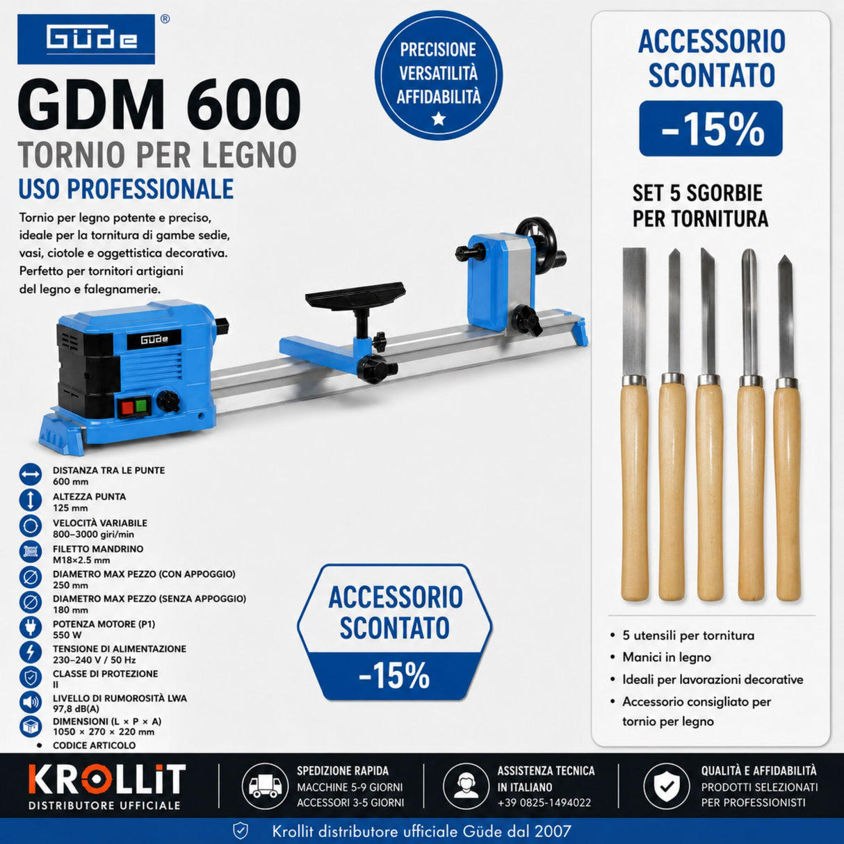 Tornio per legno Güde GDM 600 con set di 5 sgorbie da tornitura