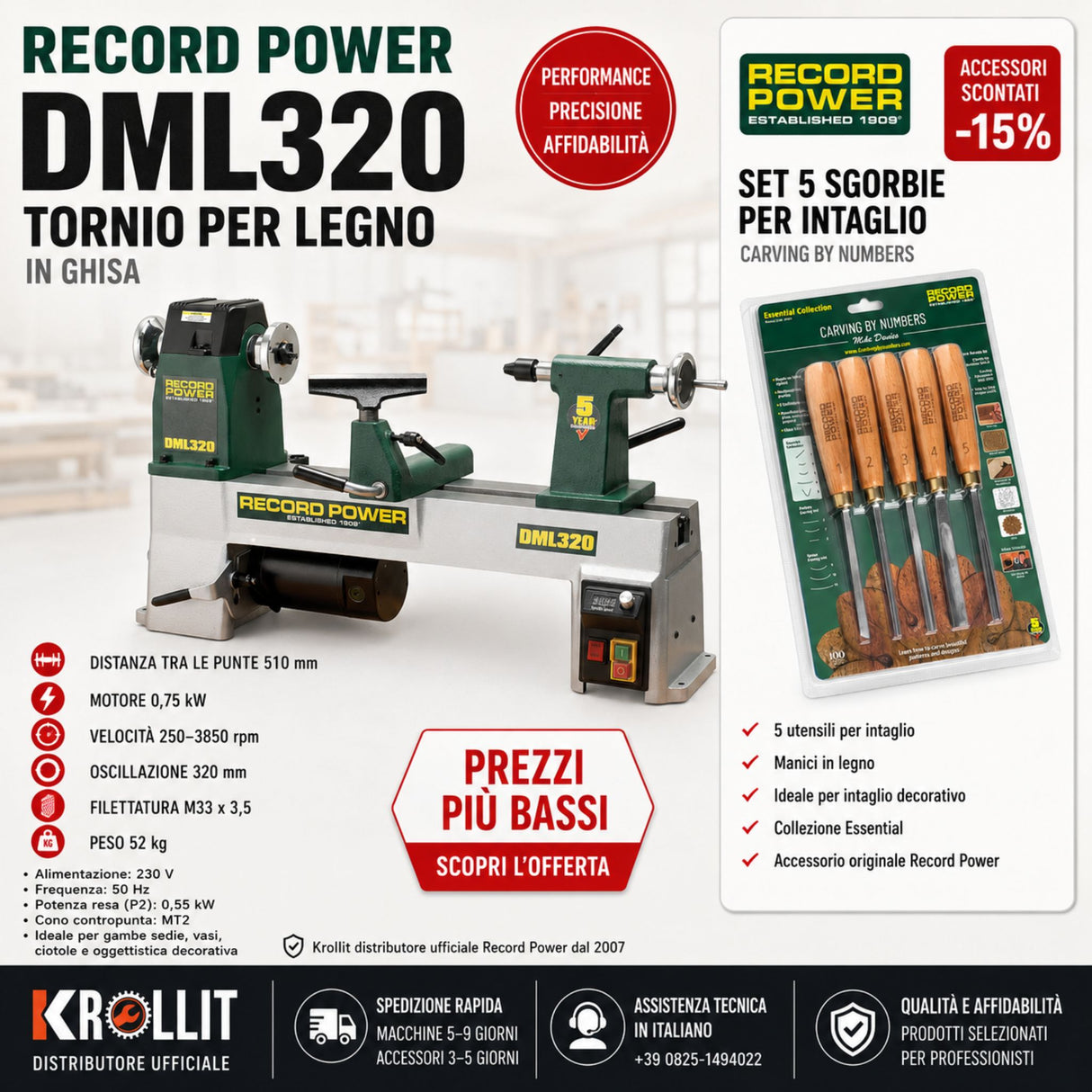Tornio per legno Record Power DML320 12" in ghisa con set sgorbie da intaglio