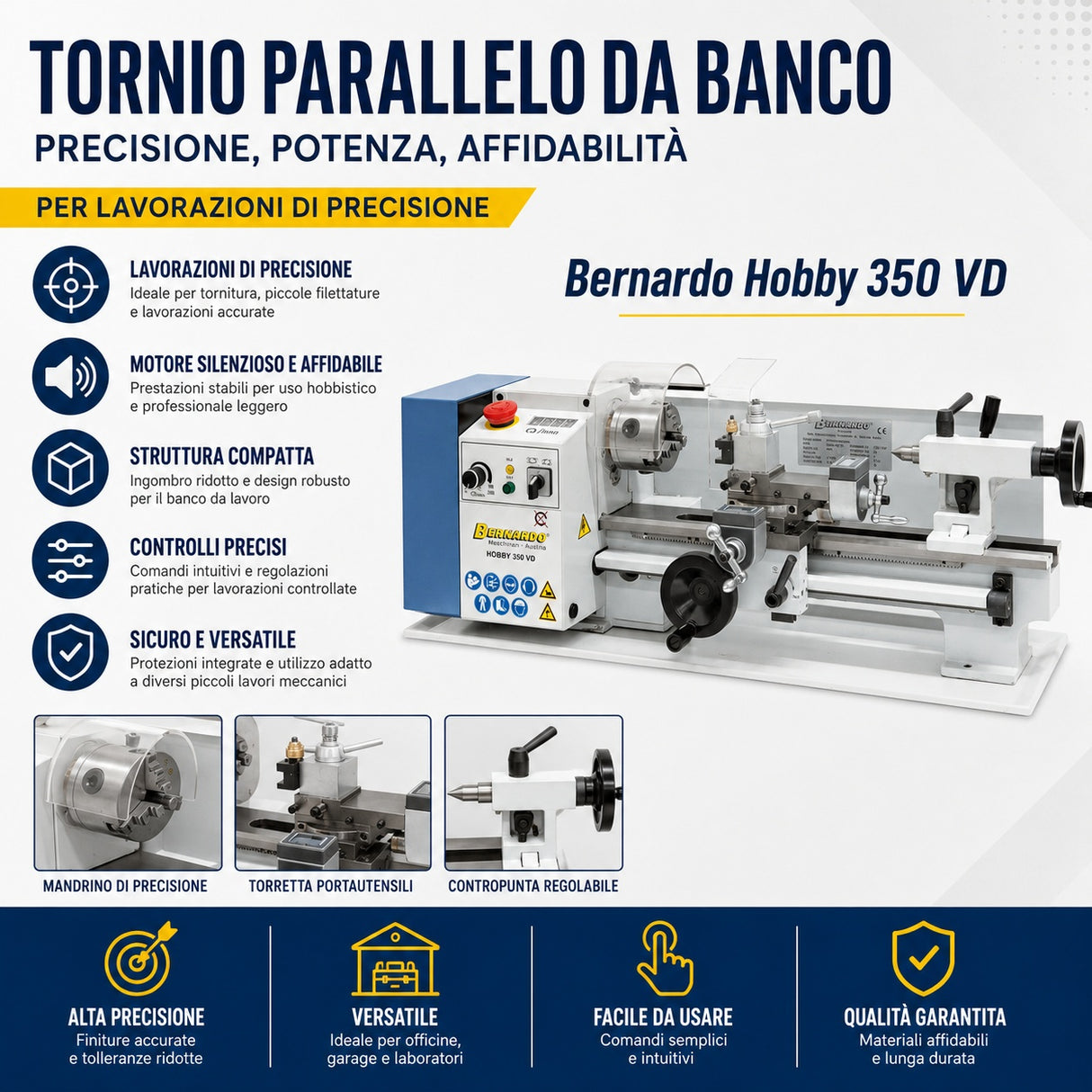 Draaibank metaal Bernardo Hobby 350 VD – distanza boren 350 mm, display digitaal snelheid + carro, aanvoer automatisch, motor 0.35 kW, 230V eenfase, gewicht 44 kg