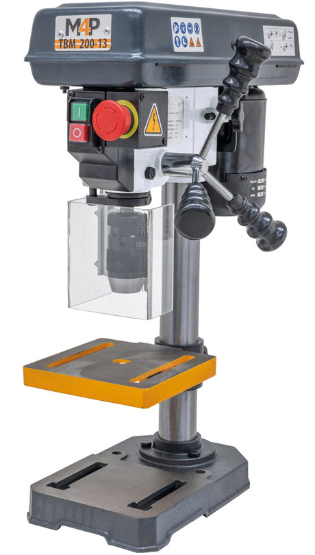 Trapano a colonna da banco TBM 200-13 da 230 V con mandrino autoserrante da 1 a 13 mm e piano di lavoro inclinabile a 45 gradi